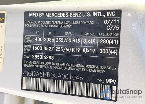 2012 Mercedes-Benz Ml 350 4Matic из США, поврежденный, VIN 4JGDA5HB0CA001046